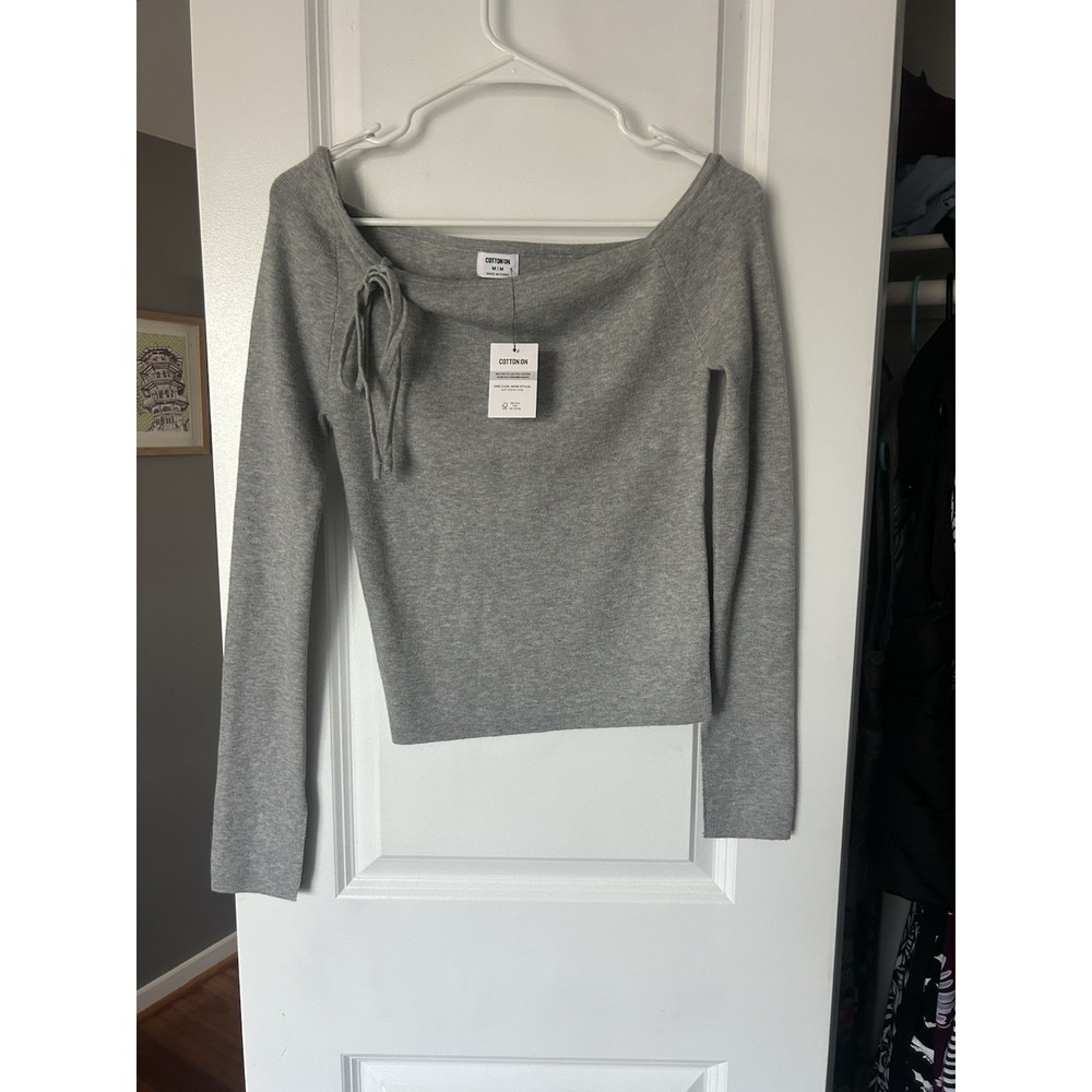 Cotton:On NWT Womens Everfine Asymmetric Long Sleeve Pullover Bow Grey Sz Medium